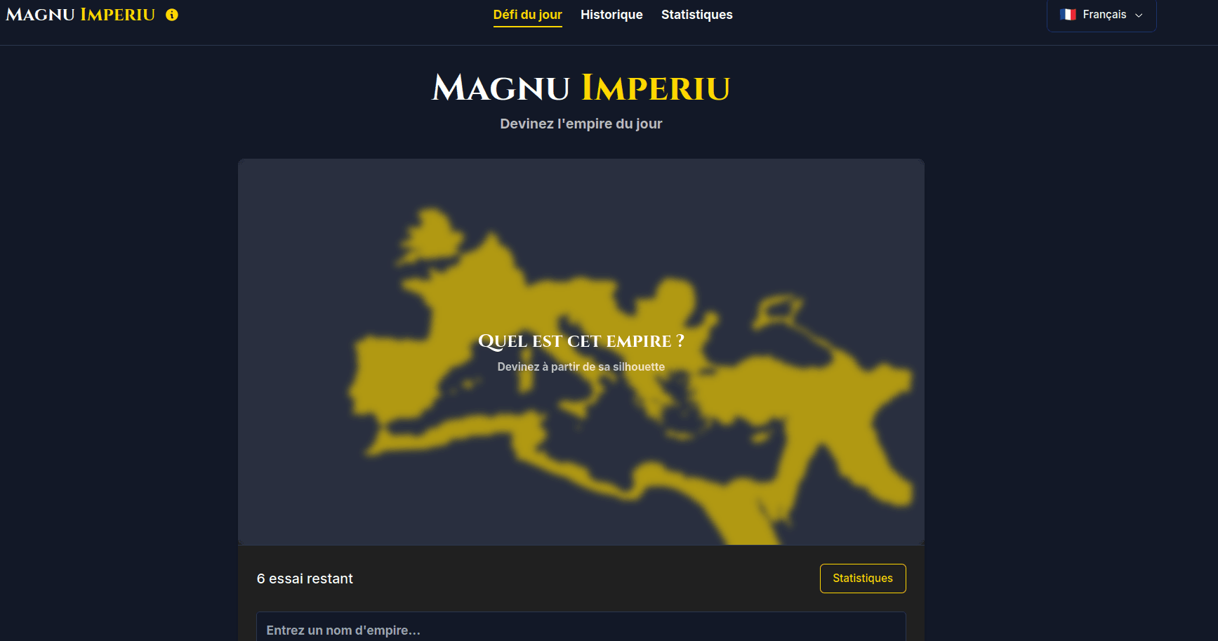 Interface du jeu Magnu Imperiu montrant la silhouette d'un empire historique avec des indices sur la carte